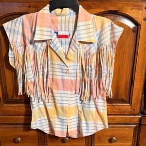 Vintage Western Pastel Plaid Fringe Button Down Shirt